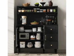 ModernLuxe Buffet de cocina moderno 120x40x138.5cm - con toma de corriente y portacopas de vino - con 3 cajones y 2 puertas - Negro Blanco