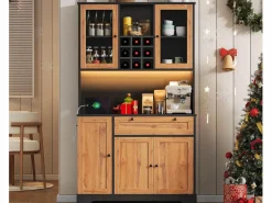ModernLuxe Aparador De Cocina|Buffet de cocina moderno 100x40x180cm - con toma de corriente y LED - con 1 cajón y 5 puertas - con estante para especias - Natural