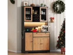 ModernLuxe Aparador De Cocina|Buffet de cocina moderno 100x40x180cm - con toma de corriente y LED - con 1 cajón y 5 puertas - con estante para especias - Natural