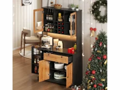 ModernLuxe Aparador De Cocina|Buffet de cocina moderno 100x40x180cm - con toma de corriente y LED - con 1 cajón y 5 puertas - con estante para especias - Natural