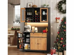 ModernLuxe Aparador De Cocina|Buffet de cocina moderno 100x40x180cm - con toma de corriente y LED - con 1 cajón y 5 puertas - con estante para especias - Natural
