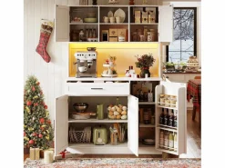 ModernLuxe Buffet de cocina 110x38x180 cm - 5 puertas y 1 cajón - estante para especias - con iluminación LED y toma de corriente - Blanco Outlet