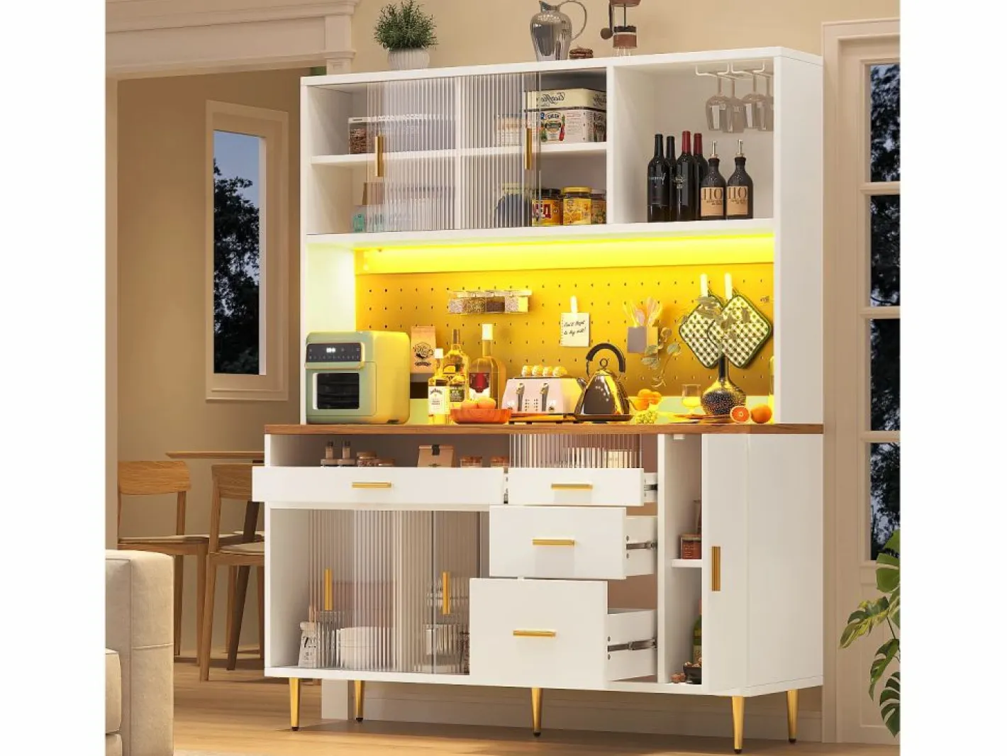 ModernLuxe Buffet de cocina 145x39x171 cm - 4 puertas de vidrio - 4 cajones - casillero para vino - con iluminación LED - blanc Blanco Hot