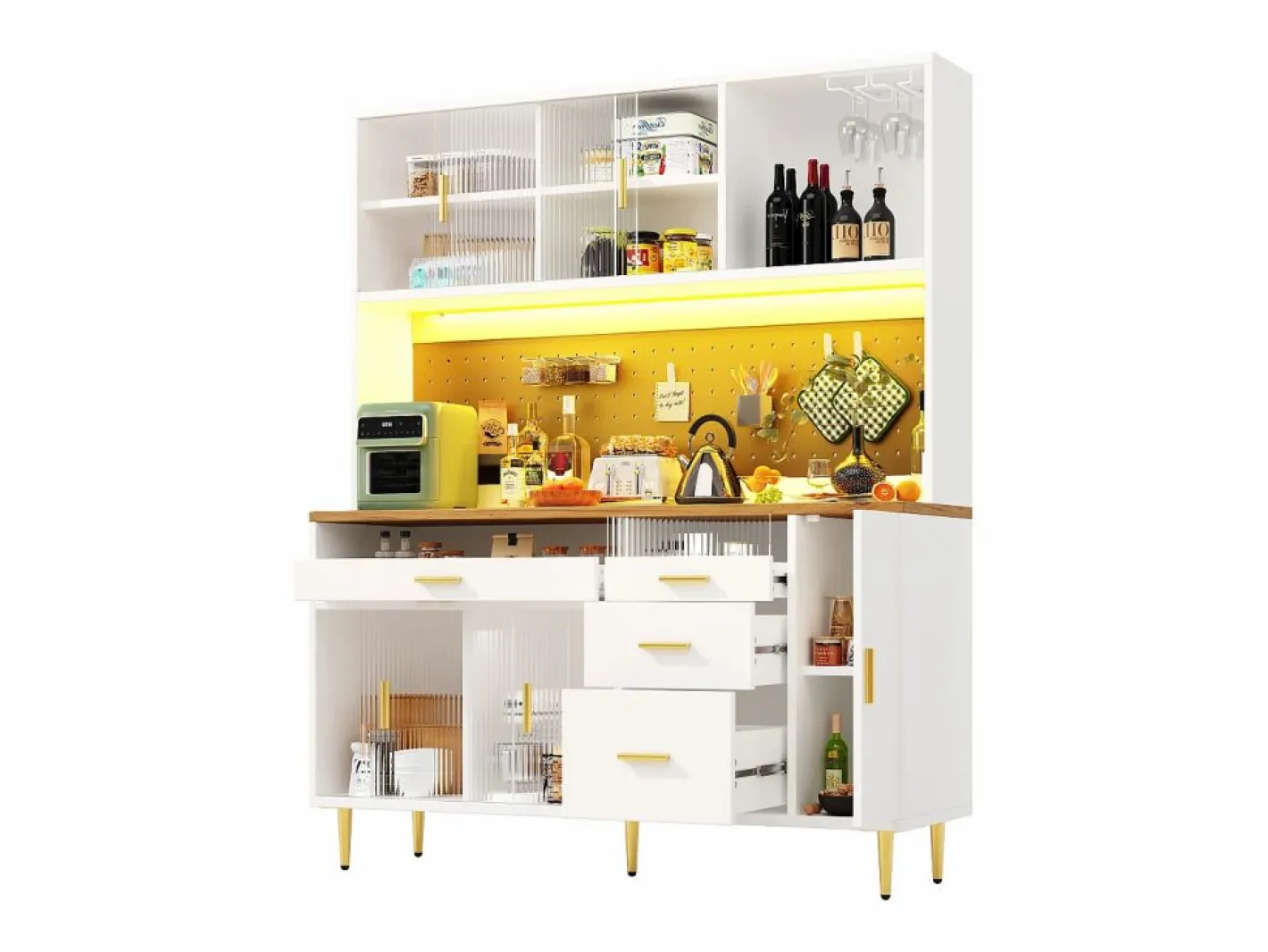 ModernLuxe Buffet de cocina 145x39x171 cm - 4 puertas de vidrio - 4 cajones - casillero para vino - con iluminación LED - blanc Blanco Hot