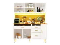 ModernLuxe Buffet de cocina 145x39x171 cm - 4 puertas de vidrio - 4 cajones - casillero para vino - con iluminación LED - blanc Blanco Hot