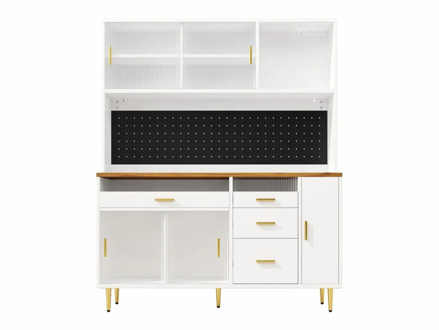 ModernLuxe Buffet de cocina 145x39x171 cm - 4 puertas de vidrio - 4 cajones - casillero para vino - con iluminación LED - blanc Blanco Hot
