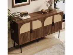 ModernLuxe Buffet moderno 140x40x80 cm - con 4 puertas - Acabado de ratán - Chapa de nogal - Marrón Marru00f3n Discount