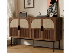 ModernLuxe Buffet moderno 140x40x80 cm - con 4 puertas - Acabado de ratán - Chapa de nogal - Marrón Marru00f3n Discount