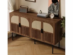 ModernLuxe Buffet moderno 140x40x80 cm - con 4 puertas - Acabado de ratán - Chapa de nogal - Marrón Marru00f3n Discount