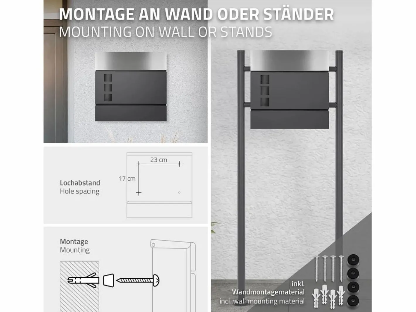 ECD Germany Buzón|Buzón correos de pie antracita/plata casillero periódicos cartas soporte 120cm