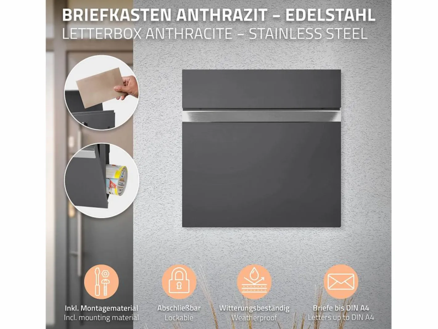ECD Germany Buzón de acero inoxidable para correos y periodicos + base poste 120cm antracita Gris antracita Outlet