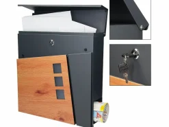 Buzón exterior con compartimento para periódicos negro diseño madera y soporte^ML-DESIGN Online