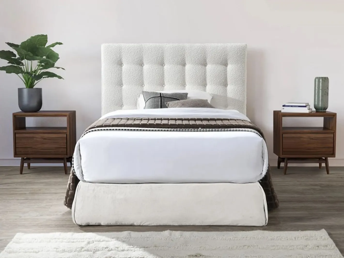 Vente-unique Cabecero Y Puente De Cama|Cabecero capitoné de 140 cm en tela bouclé blanca - FRANCESCO