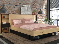 Vente-unique Cabecero Y Puente De Cama|Cabecero con mesitas de noche y almacenaje, 160 cm, roble y negro. MISTA