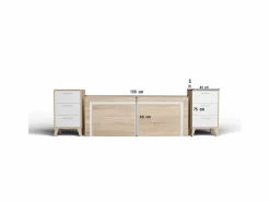 Cabecero de 155x60cm para Camas de 135 a 150 y Dos mesitas de Noche (Pata Alta, 3 Cajones) - Buyqualia Color natural claro / Blanco Hot