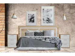 Cabecero de 155x60cm para Camas de 135 a 150 y Dos mesitas de Noche (Pata Baja, 3 Cajones) - Buyqualia Color natural claro / Blanco Clearance