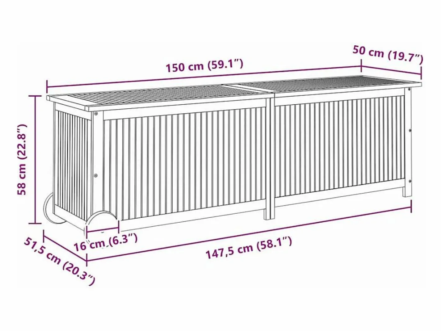 Caja de almacenaje jardín con ruedas madera acacia 150x50x58 cm^vidaxl New