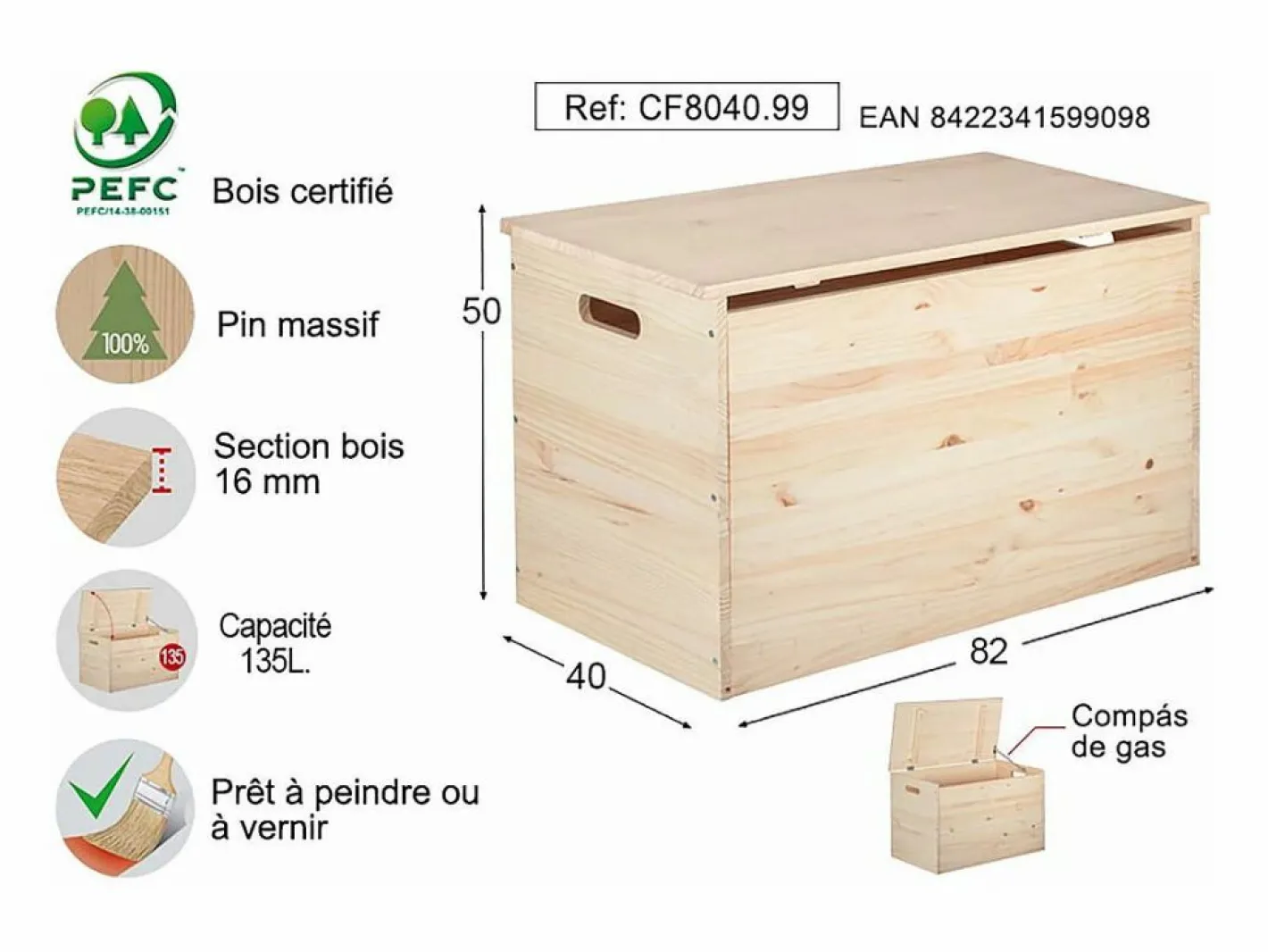 Astigarraga Caja de almacenamiento de pino en bruto 135 litros Beige Clearance