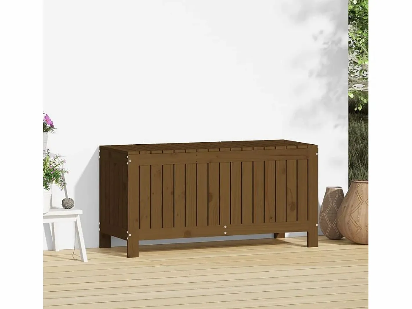 Caja de almacenamiento para jardín color marrón miel, 108 x 42,5 x 54 cm, madera de pino Marru00f3n Discount
