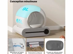Hauss Spole Higiene Y Cuidado De Mascotas|Caja de arena autolimpiable adaptable de 65 l - Elimina olores - Controlada por app - Blanca