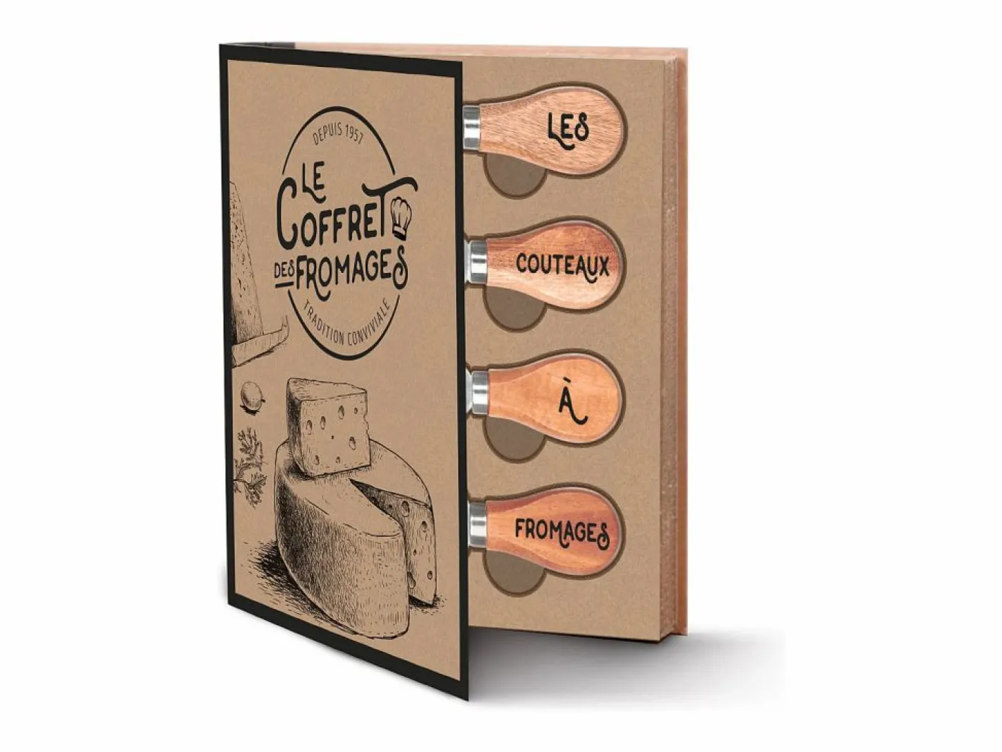 Cook Concept Caja de quesos con tabla de hevea y 4 cuchillos Marru00f3n New