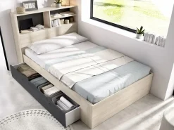 Vente-unique Cama 120 x 190 cm con almacenaje en color natural y antracita + somier - VARDIEL Gris antracita / Color natural claro Hot