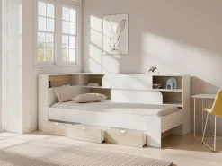 Cama 90 x 190 cm con almacenaje en color blanco y natural + somier - TAMADU^Vente-unique Best