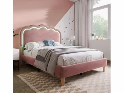 Merax Cama 90 x 190 cm con cabecero regulable - Terciopelo - LEDs - Rosa Discount