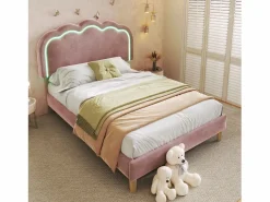 Merax Cama 90 x 190 cm con cabecero regulable - Terciopelo - LEDs - Rosa Discount