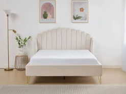 Vente-unique Cama 160 x 200 cm con cabecero ondulado en terciopelo - SAGALI Beige Sale