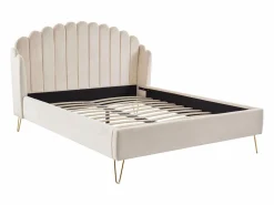 Vente-unique Cama 160 x 200 cm con cabecero ondulado en terciopelo - SAGALI Beige Sale