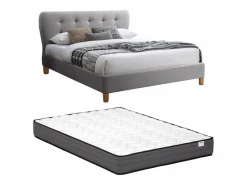 Vente-unique Cama 140 x 190 cm con cabecero capitoné tela + colchón - ELIDE Gris