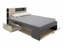 Vente-unique Cama Con Almacenaje|Cama Adulto|Cama 120 x 190 cm con cabecero con compartimentos en natural y antracita + somier - LEANDRE