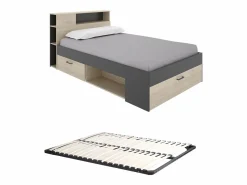 Vente-unique Cama Con Almacenaje|Cama Adulto|Cama 120 x 190 cm con cabecero con compartimentos en natural y antracita + somier - LEANDRE