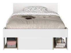 Vente-unique Cama Con Almacenaje|Cama Infantil|Cama 120 x 190 cm con compartimentos color blanco y natural + somier + colchón - KINSELIA