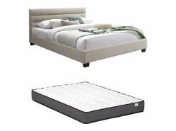 Vente-unique Cama 140 x 190 cm de tela de color + colchón - FAUSTIN Beige Outlet
