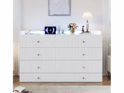 Merax Cama abatible - 140 x 200 cm - con cajón + USB + LED - tablero lacado alto brillo - MDF + aglomerado - Blanco Outlet