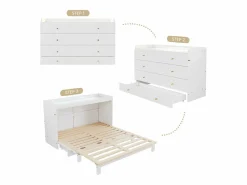 Merax Cama abatible - 140 x 200 cm - con cajón + USB + LED - tablero lacado alto brillo - MDF + aglomerado - Blanco Outlet
