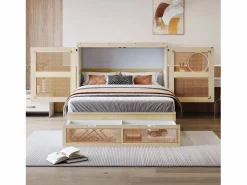 Cama abatible 140 x 200 cm - con 2 cajones - con somier de láminas - natural​ (colchón no incluido)^ModernLuxe Outlet