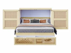 Cama abatible 140 x 200 cm - con 2 cajones - con somier de láminas - natural​ (colchón no incluido)^ModernLuxe Outlet