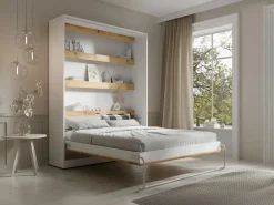 Vente-unique Cama abatible 160 x 200 cm apertura vertical LEDs blanco y natural + colchón - RAPILI Color natural claro / Blanco Best