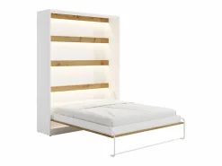 Vente-unique Cama abatible 160 x 200 cm apertura vertical LEDs blanco y natural + colchón - RAPILI Color natural claro / Blanco Best