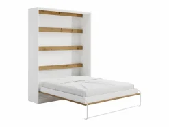 Vente-unique Cama abatible 160 x 200 cm apertura vertical LEDs blanco y natural + colchón - RAPILI Color natural claro / Blanco Best