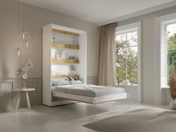 Vente-unique Cama abatible 120 x 200 cm apertura vertical leds blanco y natural + colchón - RAPILI Color natural claro / Blanco Outlet