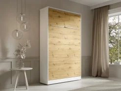Vente-unique Cama abatible 120 x 200 cm apertura vertical leds blanco y natural + colchón - RAPILI Color natural claro / Blanco Outlet