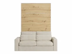 Vente-unique Cama abatible 160 x 200 cm apertura vertical con luces LED blanco y natural + sofá - RAPILI Color natural claro / Blanco