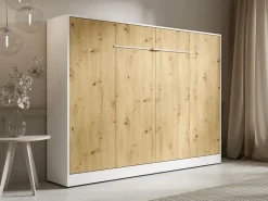 Vente-unique Cama abatible 140 x 200 cm apertura horizontal leds blanco natural + colchón - RAPILI Color natural claro / Blanco Outlet