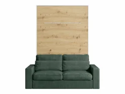 Vente-unique Cama Abatible|Cama abatible 140 x 200 cm con leds blanco y natural + colchón + sofá verde - RAPILI