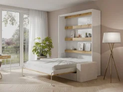 Vente-unique Cama abatible 140 x 190 cm con leds blanco y natural + colchón + sofá - RAPILI Color natural claro / Blanco New