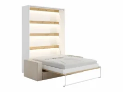 Vente-unique Cama abatible 140 x 190 cm con leds blanco y natural + colchón + sofá - RAPILI Color natural claro / Blanco New